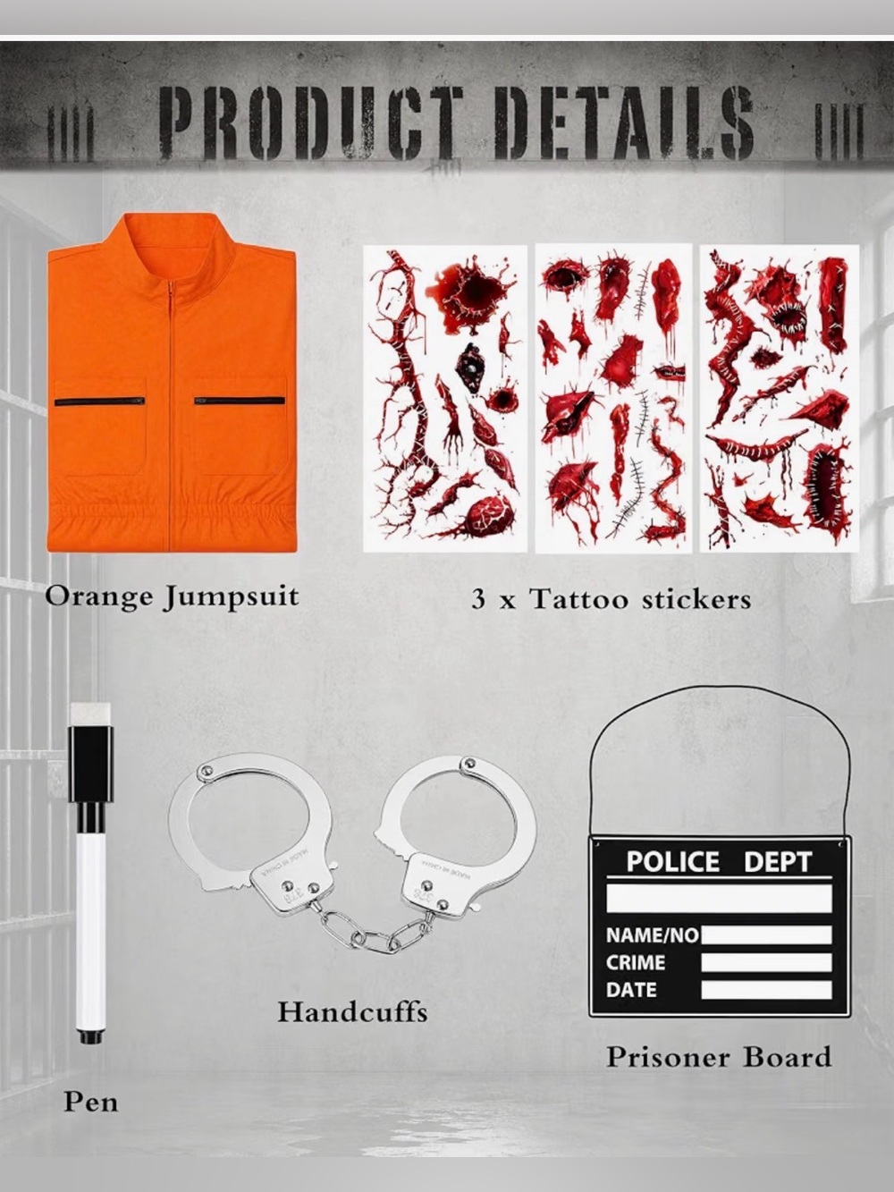 NWT, Prisoner Costume Unisex Orange Jumpsuit Jail Inmate Costume size M